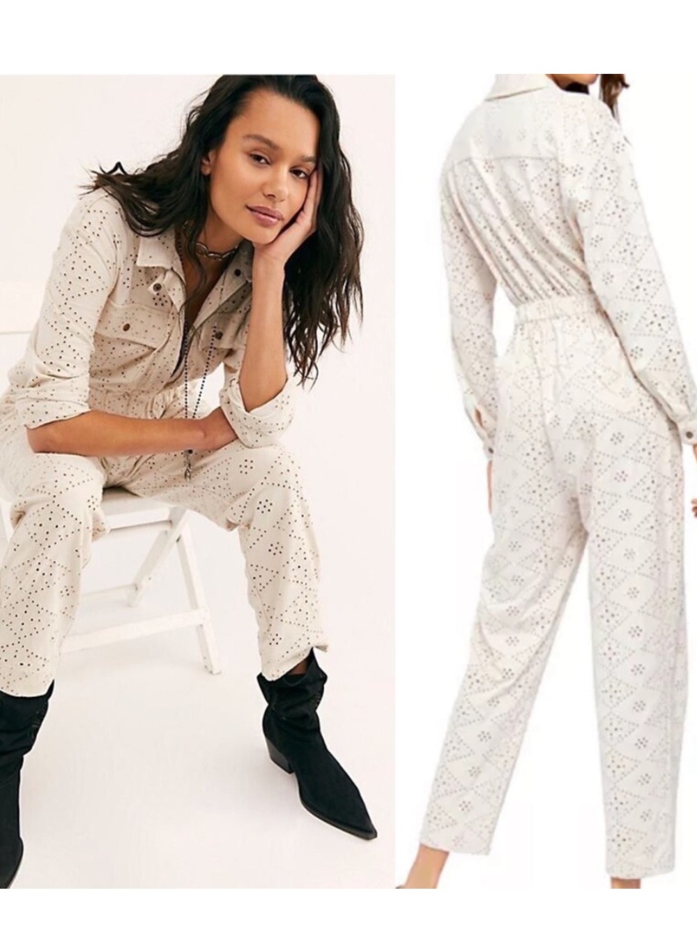 Free People Set the Tone Ecru Cream Eyelet Utility Jumpsuit